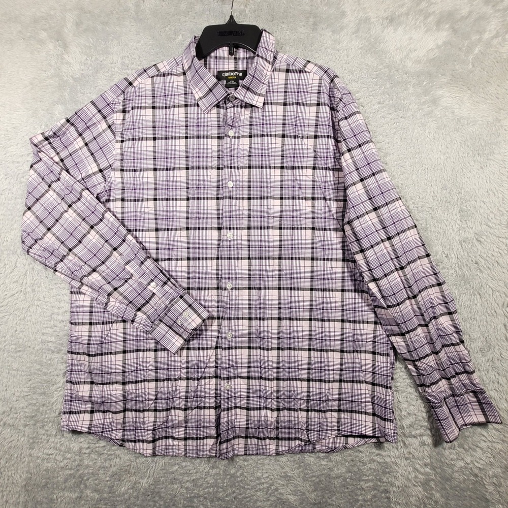 Claiborne Stretch Shirt Mens XXL Purple Plaid Long Sleeve Button Up